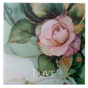 Romantic Rose White Pink Gold Floral Love Ceramic Tile