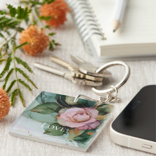 Romantic Rose White Pink Gold Floral Love  Key Ring