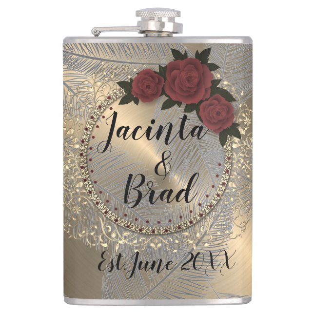 Romantic Rose Wreath Feather Wedding    Hip Flask (Front)