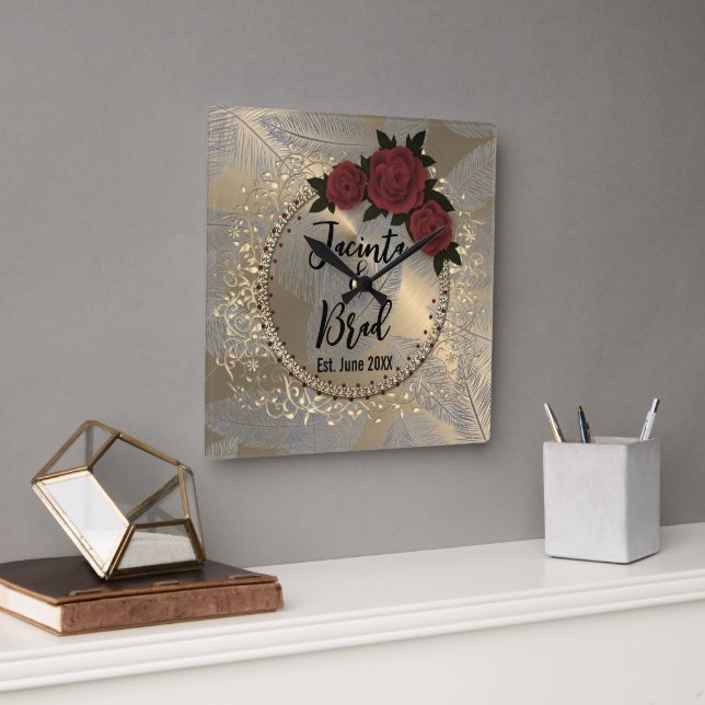 Romantic Rose Wreath Feather Wedding    Square Wall Clock (Office)