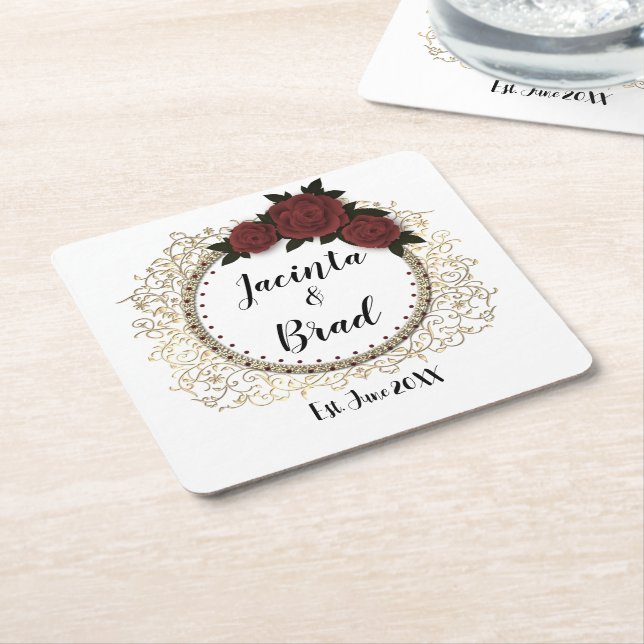 Romantic Rose Wreath Wedding Personalised  Square Paper Coaster (Angled)