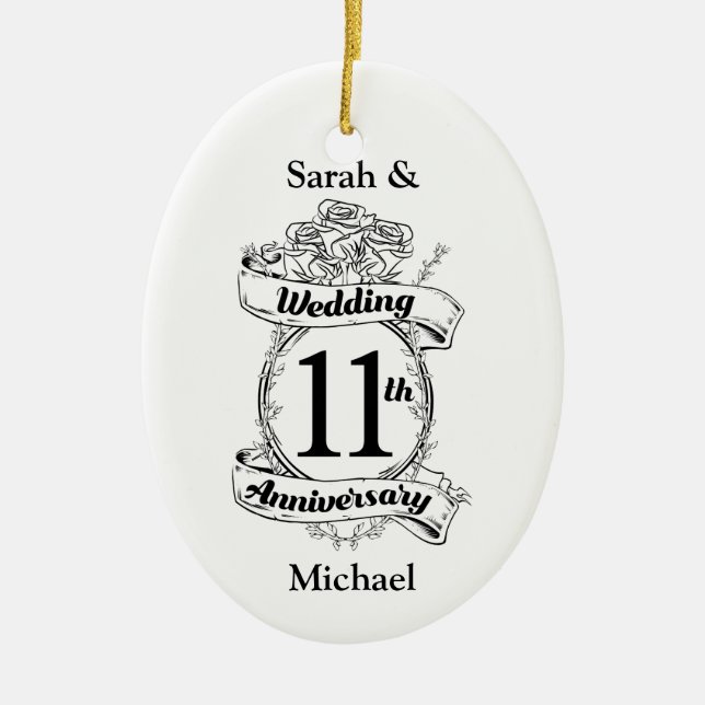 Romantic Roses 11TH eleventh wedding anniversary Ceramic Ornament (Front)