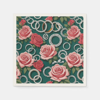 Romantic Roses And Sparkling Diamond Wedding Rings Napkin