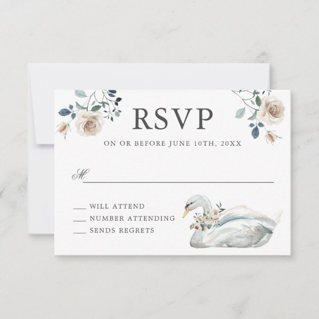 Romantic Roses and Swan Wedding RSVP (Front)