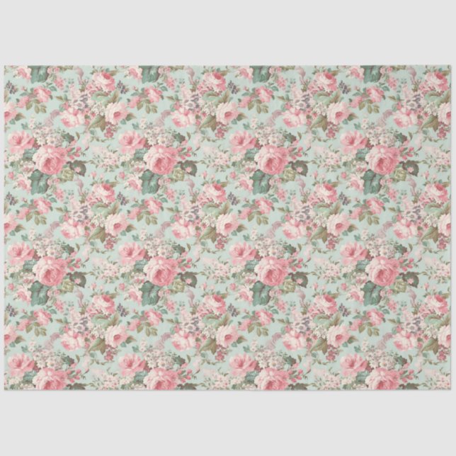 Romantic Roses Blush Pink on Mint Decoupage Tissue Paper (Front)