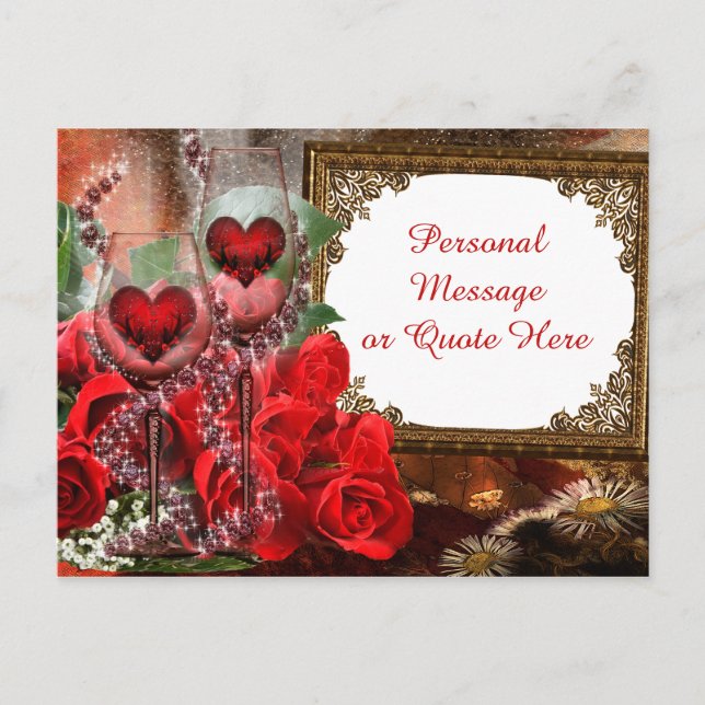 Romantic Roses & Champagne Antique Mirror Postcard (Front)