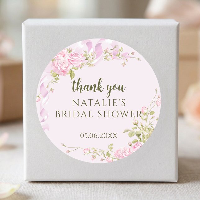 Romantic Roses Chic Floral Bridal Shower Thank You Classic Round Sticker (Creator Uploaded)