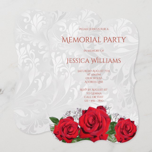 Romantic Roses & Damask Memorial Party Invitation (Front/Back)