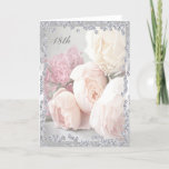 Romantic Roses & Diamonds 18th Birthday Card<br><div class="desc">Woman's custom 18th birthday greeting card. Elegant, glamourous and sophisticated 18th birthday greeting card for women with beautiful romantic peach and white roses and pretty pink carnations flowers with a chic, trendy glitz and glam border frame of bling rhinestones jewels diamonds images printed on a stunning classy silver background. These...</div>