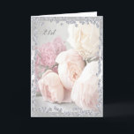 Romantic Roses & Diamonds 21st Birthday Card<br><div class="desc">Woman's custom 21st birthday greeting card. Elegant, glamorous and sophisticated 21st birthday greeting card for women with beautiful romantic peach and white roses and pretty pink carnations flowers with a chic, trendy glitz and glam border frame of bling rhinestones jewels diamonds images printed on a stunning classy silver background. These...</div>