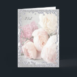 Romantic Roses & Diamonds 21st Birthday Card<br><div class="desc">Woman's custom 21st birthday greeting card. Elegant, glamorous and sophisticated 21st birthday greeting card for women with beautiful romantic peach and white roses and pretty pink carnations flowers with a chic, trendy glitz and glam border frame of bling rhinestones jewels diamonds images printed on a stunning classy silver background. These...</div>
