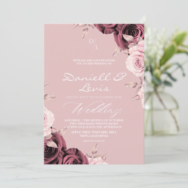 Romantic Roses Dusty Pink ⎮ Mauve Wedding  Invitation (Standing Front)