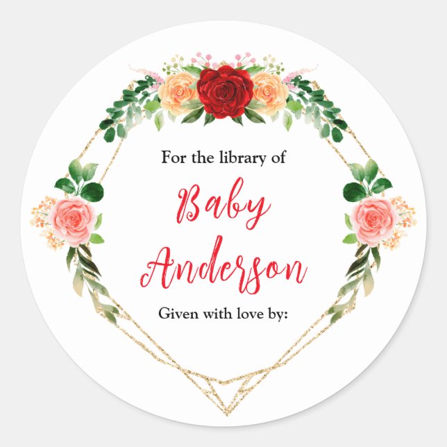Romantic Roses Floral Baby Shower Bookplate Classic Round Sticker (Front)