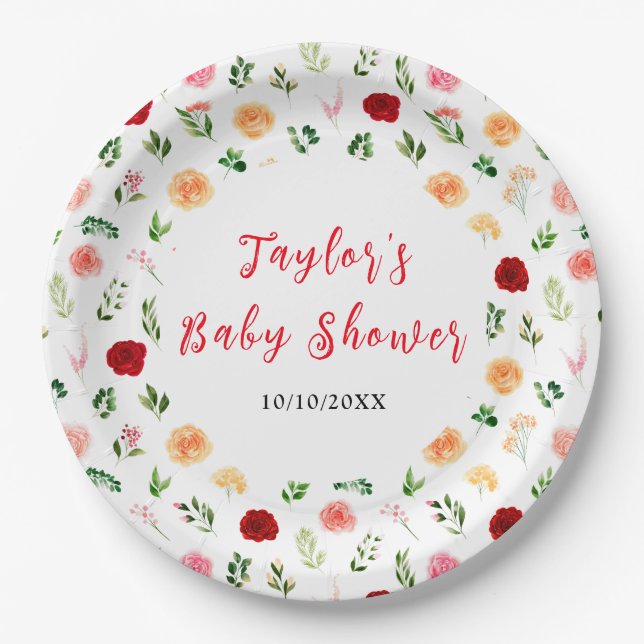 Romantic Roses Floral Baby Shower Paper Plate (Front)