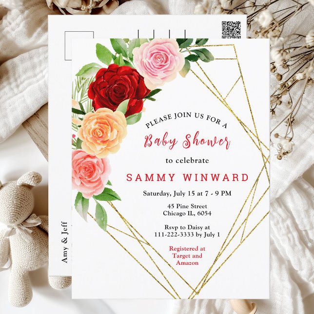 Romantic Roses Floral Baby Shower Postcard (Creator Uploaded)