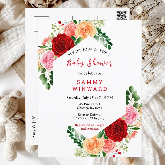 Romantic Roses Floral Baby Shower Postcard (Creator Uploaded)