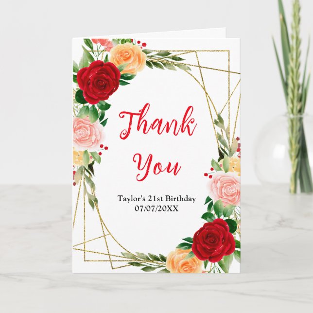 Romantic Roses Floral Birthday Party Thank You Card (Front)