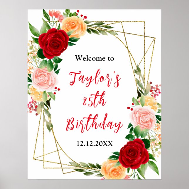 Romantic Roses Floral Birthday Party Welcome Sign (Front)