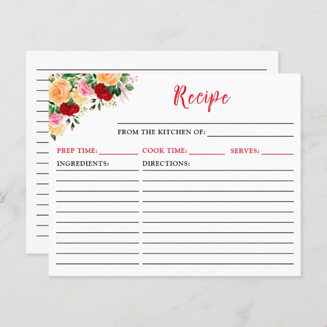 Romantic Roses Floral Recipe Card (Front/Back)