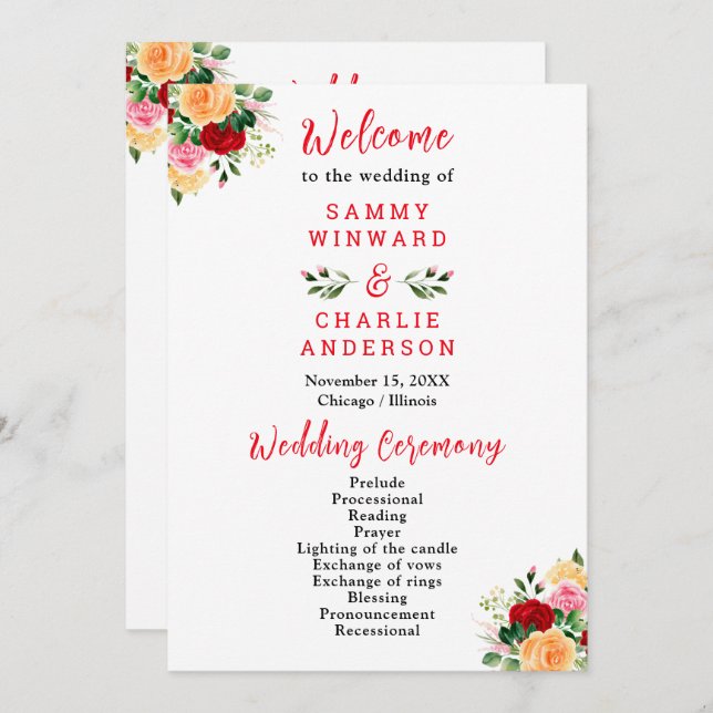 Romantic Roses Floral Wedding Program (Front/Back)
