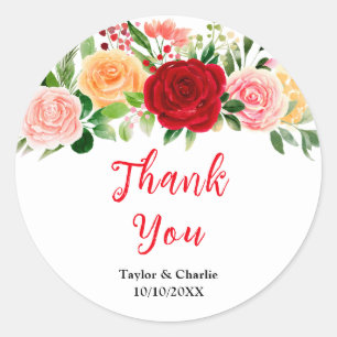 Romantic Roses Floral Wedding Thank You Classic Round Sticker