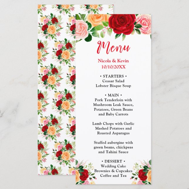 Romantic Roses FloralRomantic Red and Oran Wedding Menu (Front/Back)