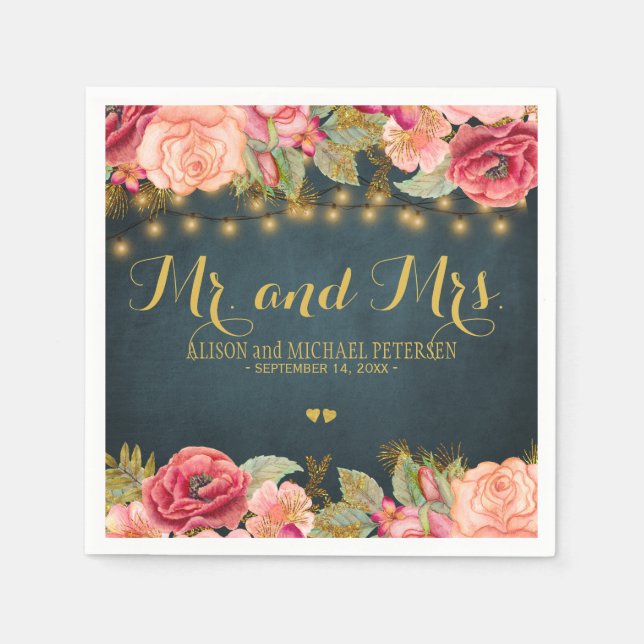 Romantic roses navy mr and mrs script wedding napkin (Front)