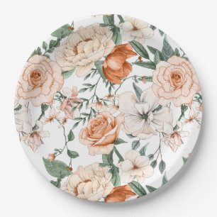 Romantic roses peony eucalyptus peach cream orange paper plate