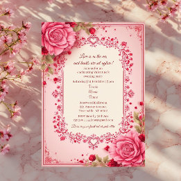 Romantic Roses Pink Heart Motifs Valentine Party Invitation