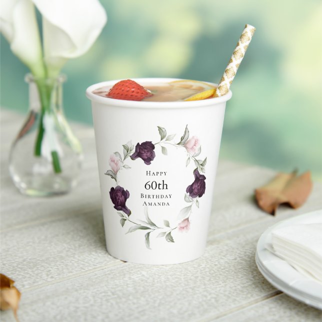 Romantic Roses Watercolor Botanical 60th Birthday Paper Cups (Insitu)
