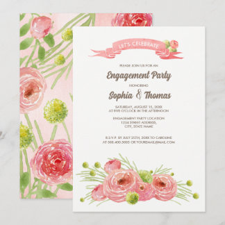 Romantic Roses Watercolor Engagement Party Invitation