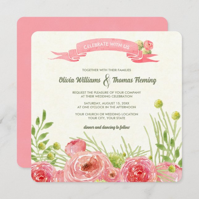 Romantic Roses Watercolor Wedding  Invitation (Front/Back)