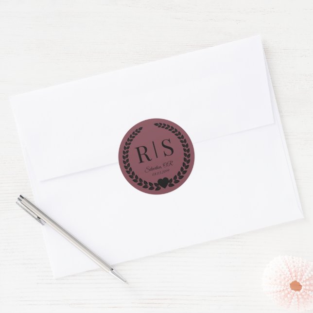 Romantic Rosewood Wedding Monogram Initials Classic Round Sticker (Envelope)
