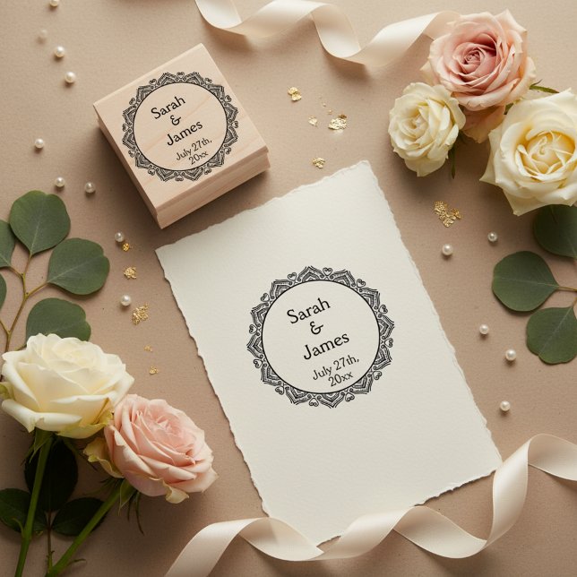 Romantic Round Wedding Stamp w/ Names and Date (Romantic personalized wedding stamp.)