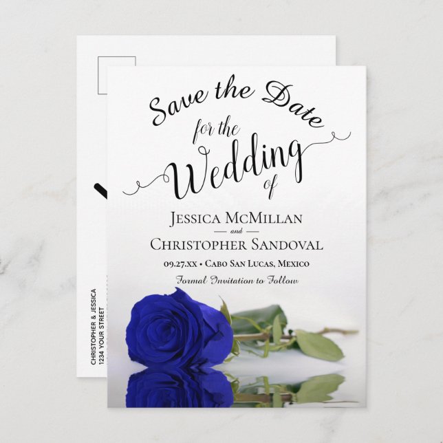 Romantic Royal Blue Rose Wedding Save the Date Announcement Postcard (Front/Back)