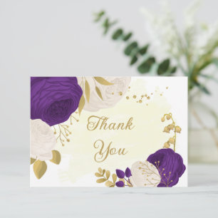 Romantic royal purple & white flowers gold thank you card