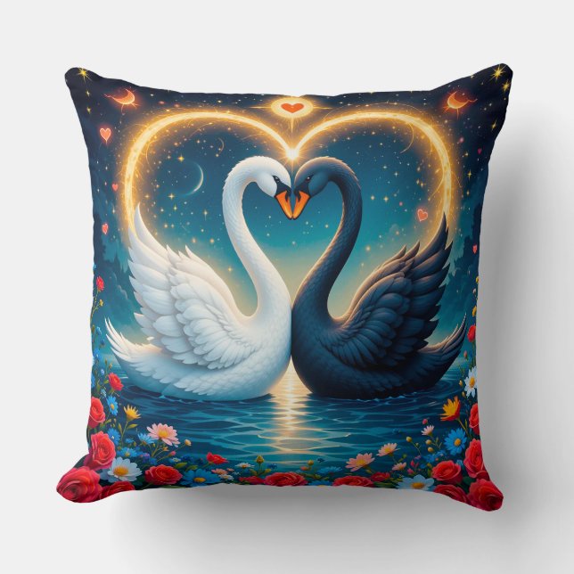 Romantic Royal Swan Fantasy Night Botanical Art Cushion (Front)