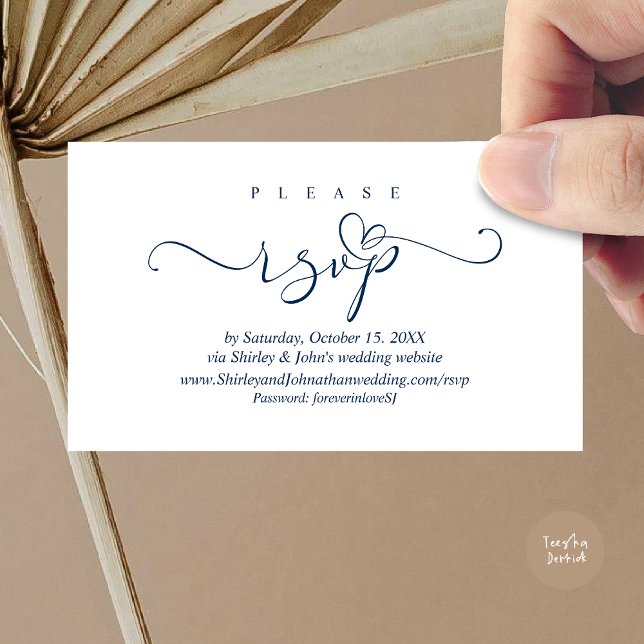 Romantic RSVP Wedding Invitation, via Website Enclosure Card (Modern RSVP Wedding Invitation, via Website Enclosure Card, Phone, email, Navy Blue)