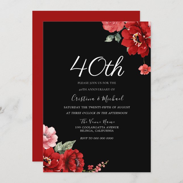 Romantic Ruby Red & Black Floral 40th Anniversary Invitation (Front/Back)