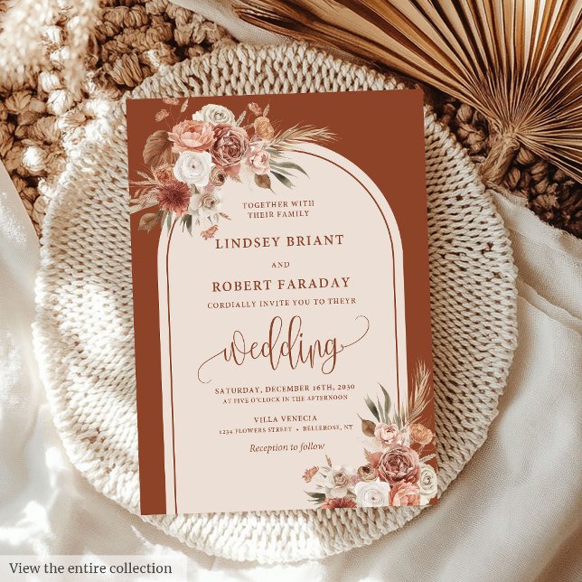 Romantic Rust Pampas Grass Floral Wedding Invites (Romantic Rust Pampas Grass Floral Wedding Invitation)