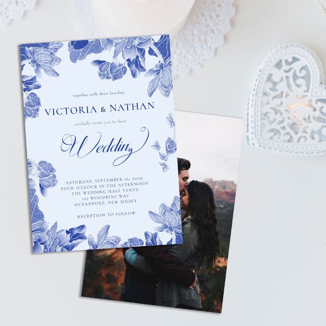 romantic Rustic Blue Floral with Photo Wedding  Invitation (Creator Uploaded)