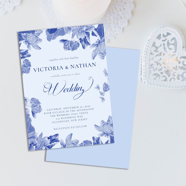 Romantic Rustic Blue Lotus Floral Wedding Invitation (Creator Uploaded)