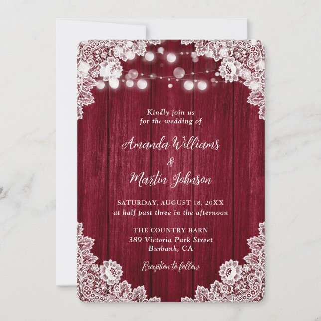 Romantic Rustic Burgundy Wood Lace Wedding Invitation (Front)