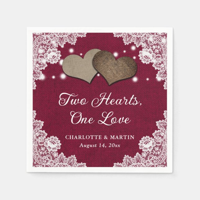 Romantic Rustic Burlap and Lace Burgundy Wedding Napkin (Front)