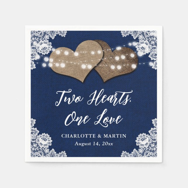Romantic Rustic Burlap and Lace Navy Blue Wedding Napkin (Front)