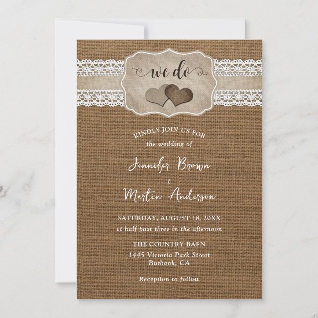 Romantic Rustic Burlap and Lace Wedding Invitation (Front)