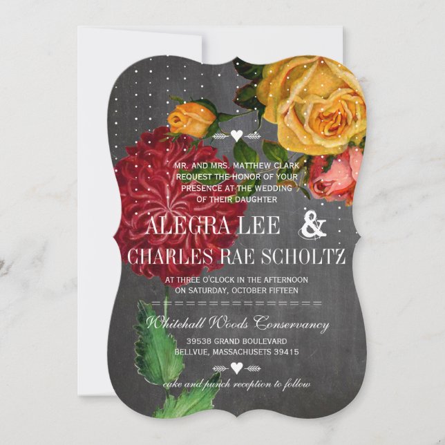 Romantic Rustic Chalkboard Heirloom Roses Invitation (Front)