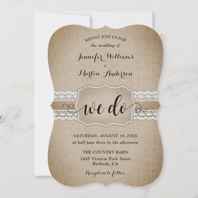 Romantic Rustic Country Burlap and Lace Wedding Invitation (Front)