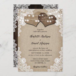 Romantic Rustic Country Burlap Floral Lace Wedding Invitation