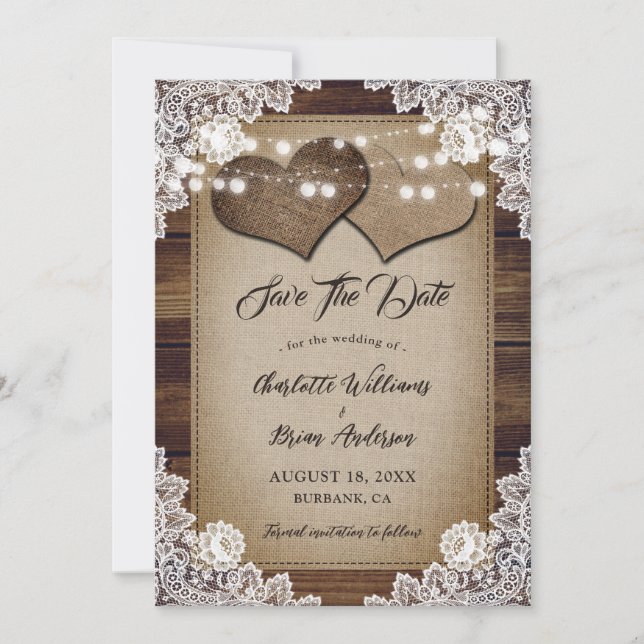 Romantic Rustic Country Wood Floral Lace Wedding Save The Date (Front)